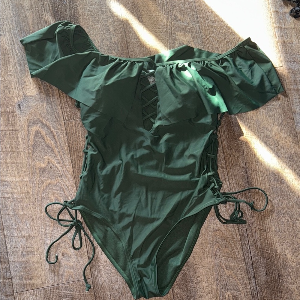 YMI Green Off-Shoulder One Piece Swimsuit
